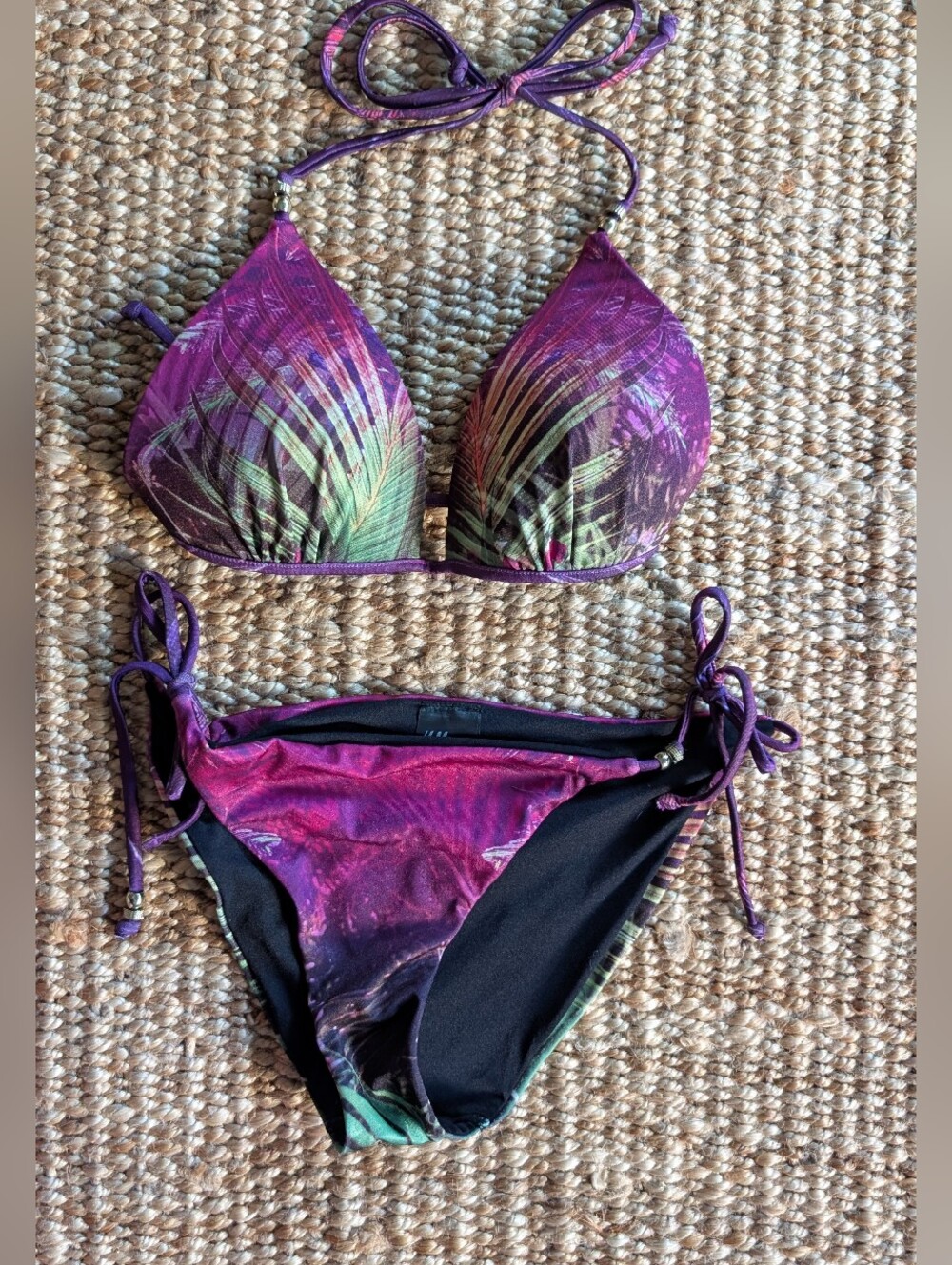 H&M Purple Tropical Palm Print Tie Bikini Set